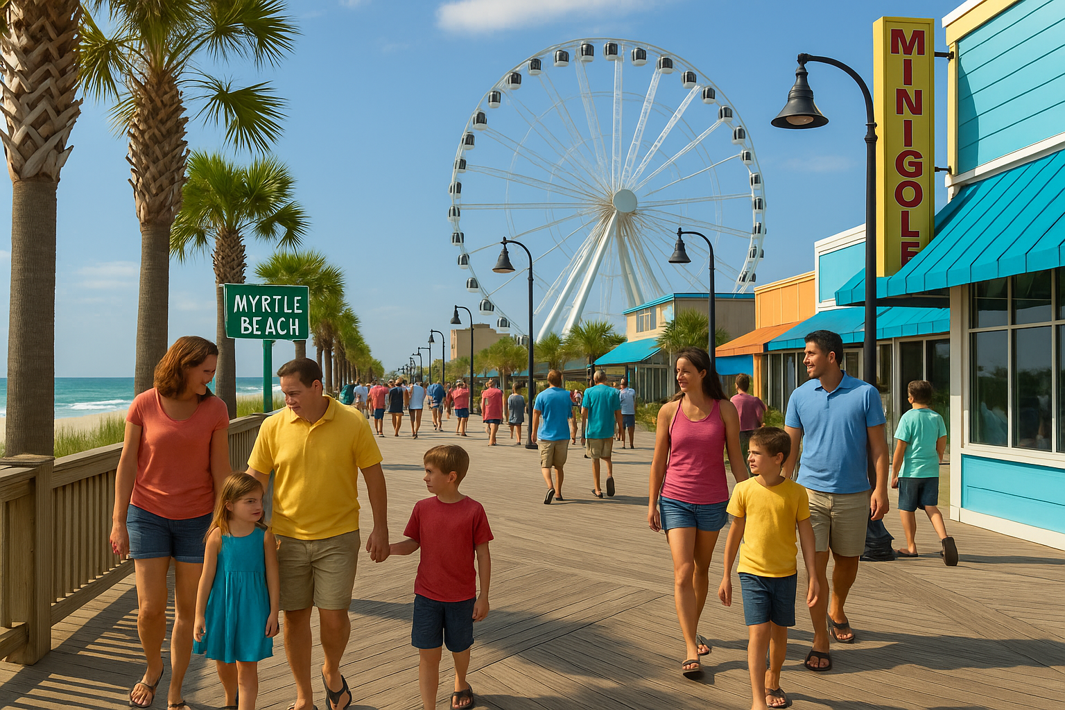 Families enjoying the Myrtle Beach boardwalk with a Ferris wheel, ocean views, and palm trees under a bright blue sky.