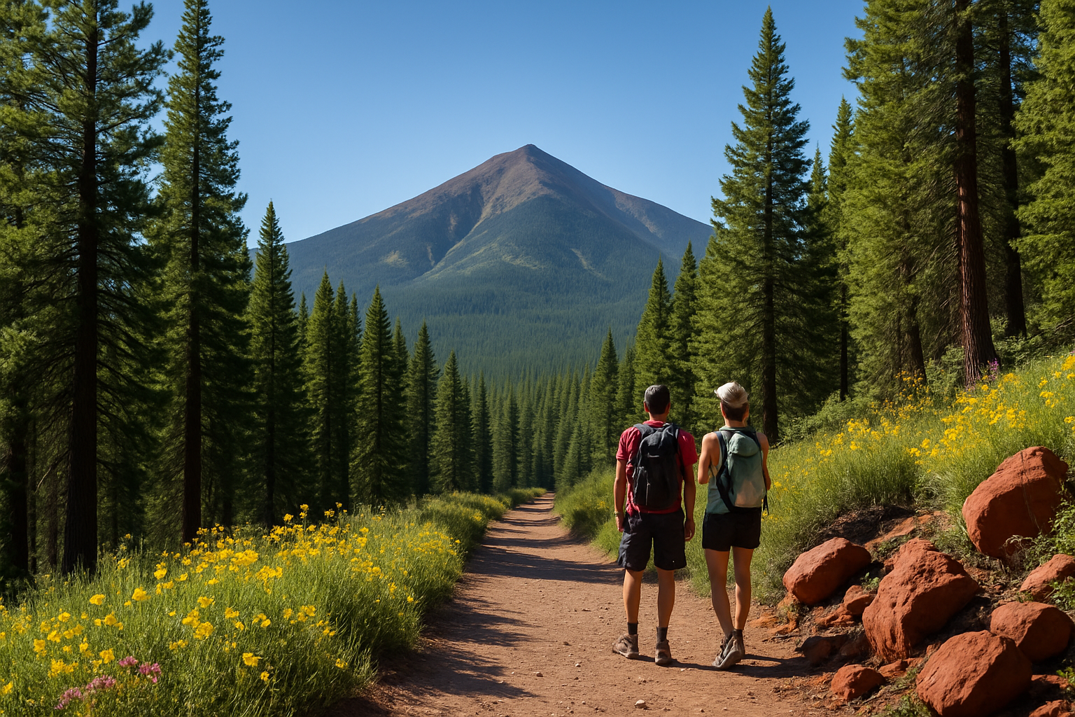 Hikers on a trail near Flagstaff, Arizona, surrounded by pine forests and distant mountain peaks under a clear sky.