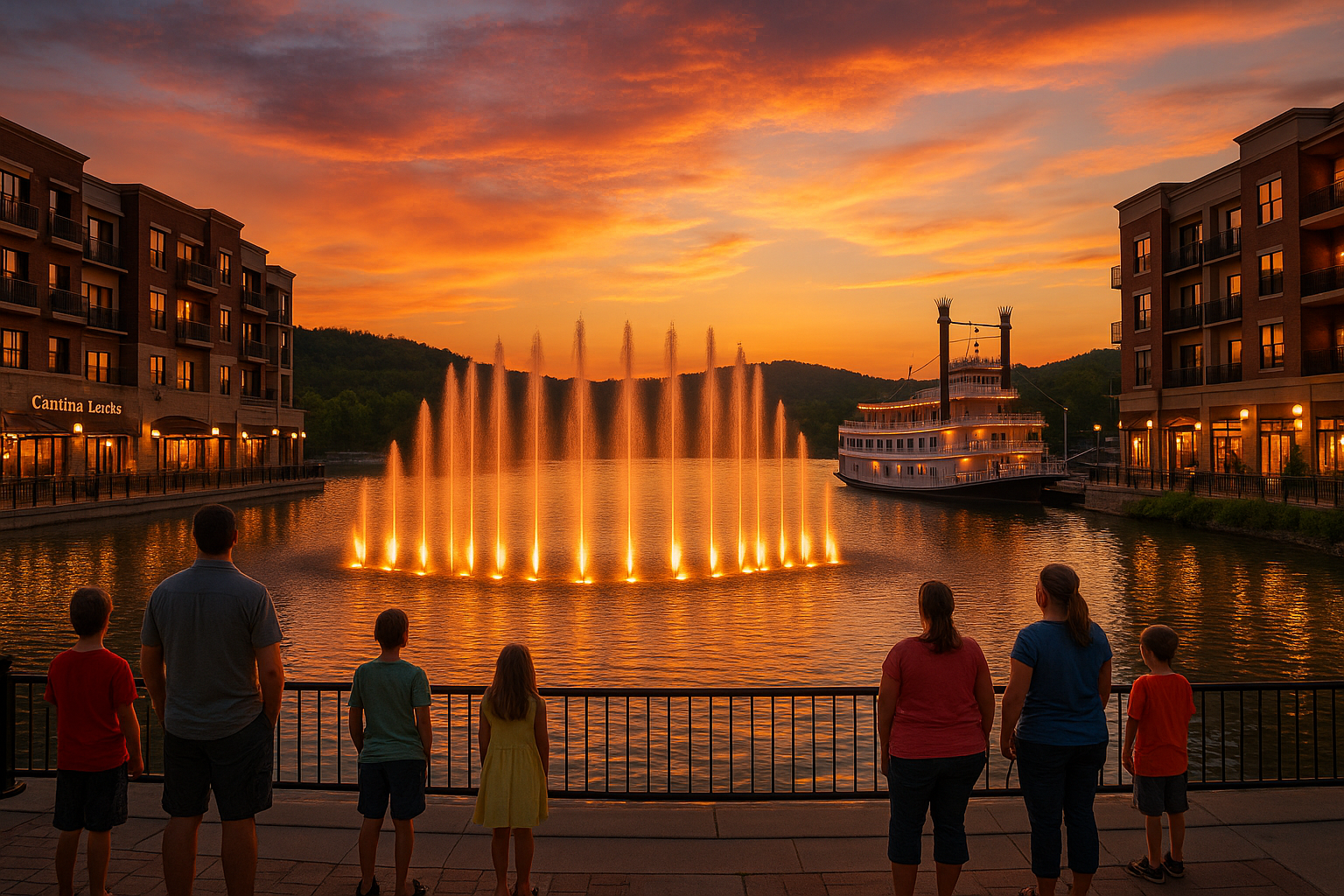 Fountain show at Branson Landing with families watching by the lakeside at sunset and Ozark hills in the background.