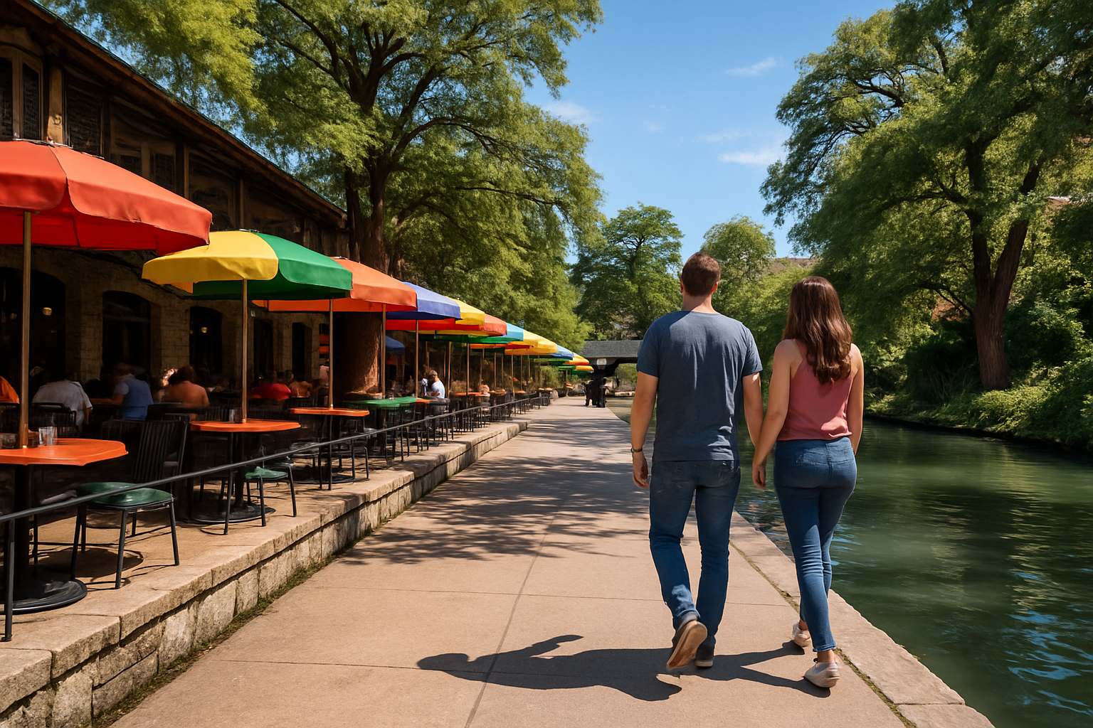 Couple walking along the San Antonio River Walk with colorful umbrellas and riverside cafés surrounded by greenery.
