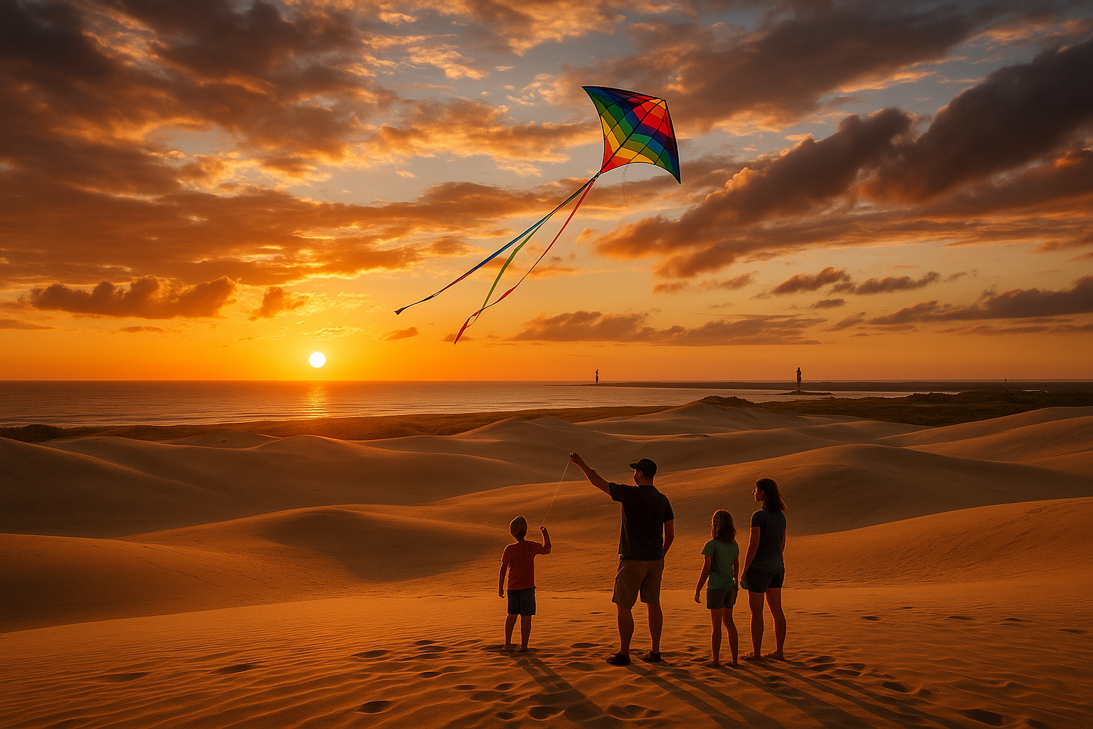 Family flying a kite on the tall sand dunes of the Outer Banks at sunset with ocean views and lighthouse in the distance.