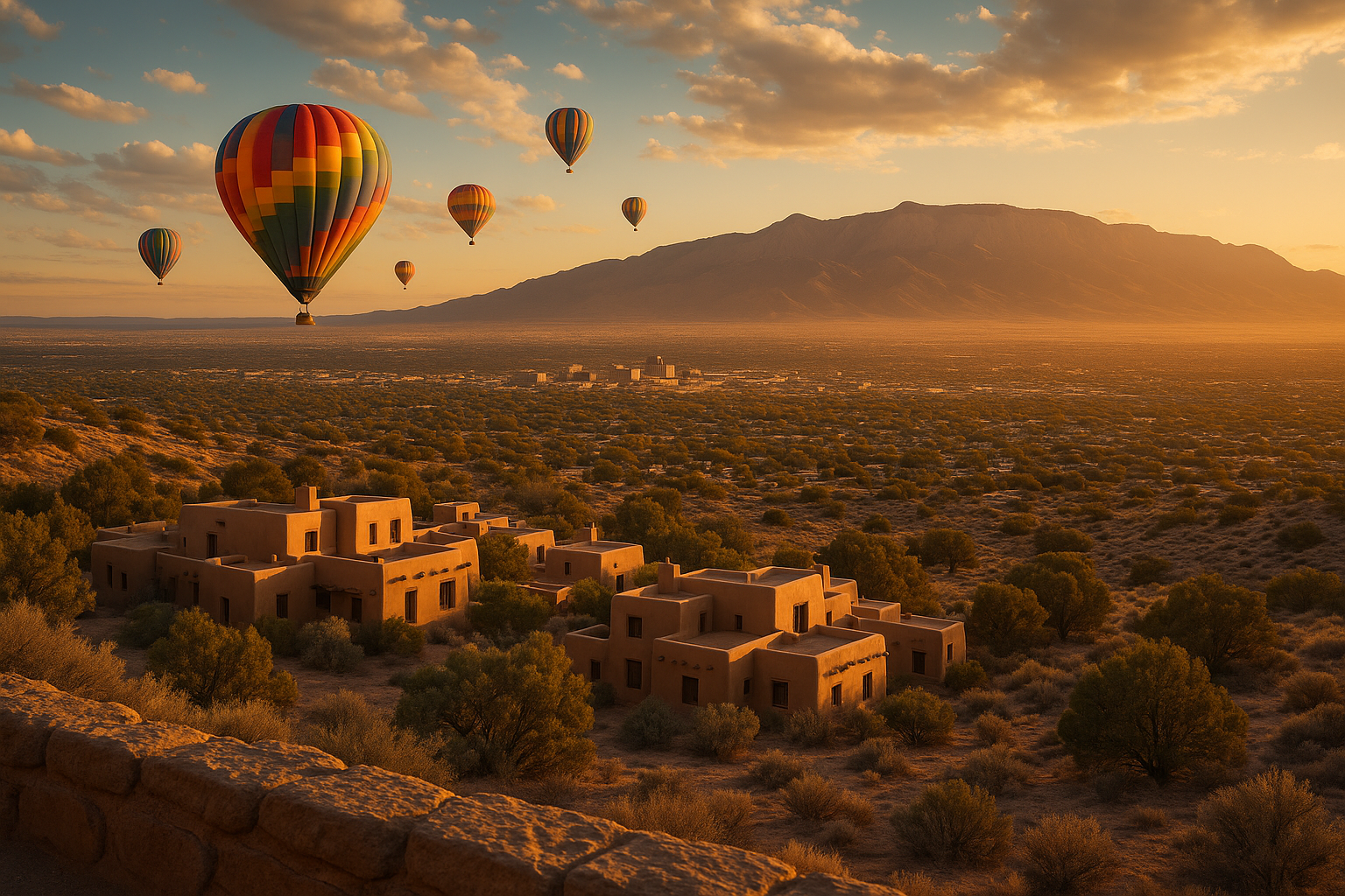 Colorful hot air balloons floating over Albuquerque’s desert skyline with adobe homes and Sandia Mountains at sunset.