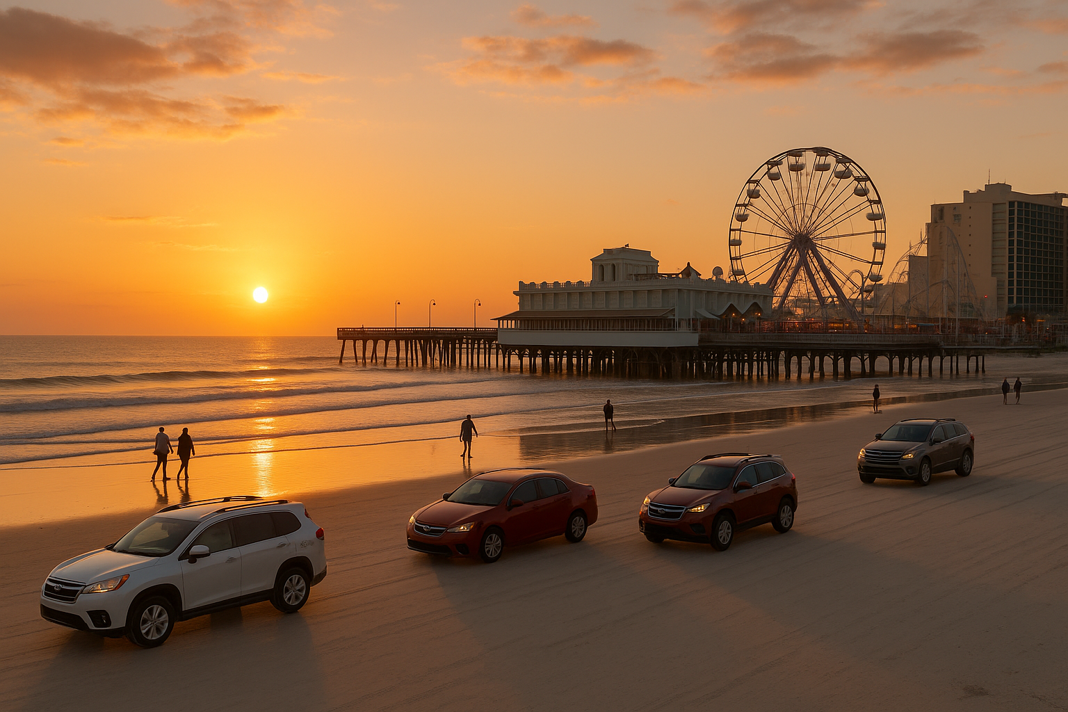 Sunrise on Daytona Beach with beachgoers and vehicles on the sand near the pier and boardwalk rides.