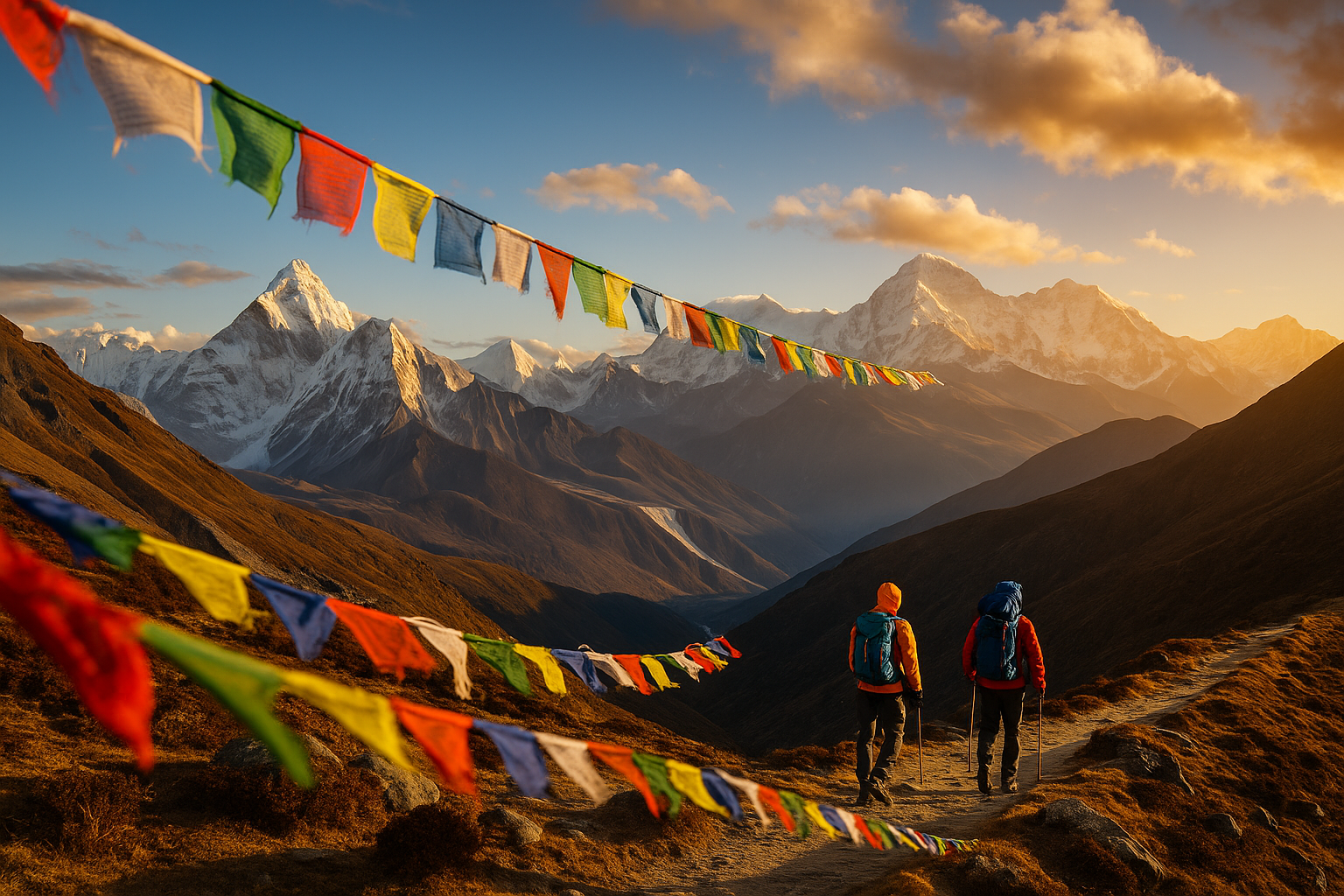 Trekking in Nepal’s Himalayas with Ama Dablam and Mount Everest at golden hour, colorful prayer flags in the foreground, and 