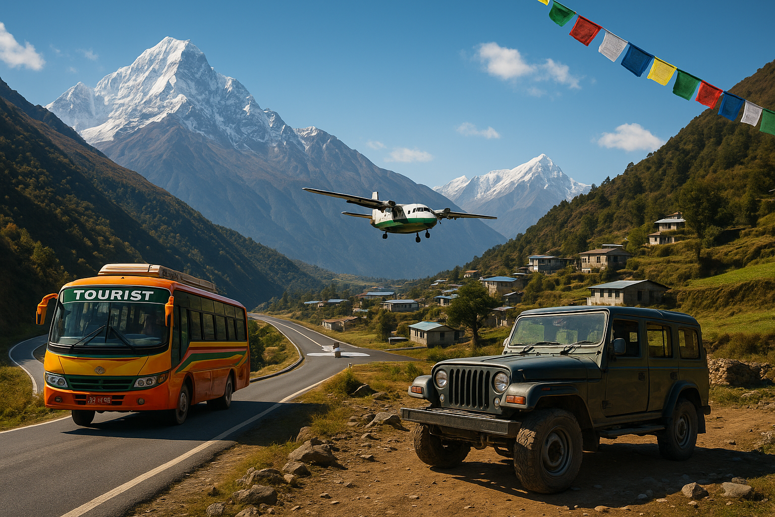 Transportation in Nepal showing a colorful tourist bus, rugged jeep, and small propeller plane near Lukla, with Himalayan mou