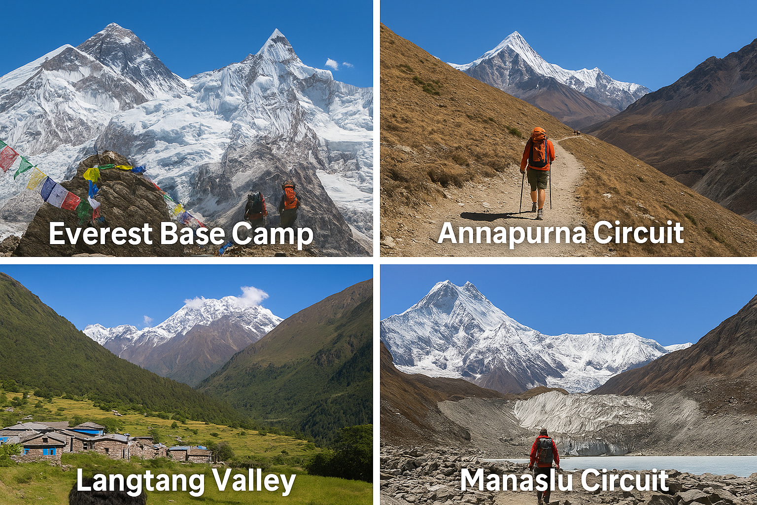 Landscape collage of Nepal’s Big Four treks — Everest Base Camp, Annapurna Circuit, Langtang Valley, and Manaslu Circuit — fe