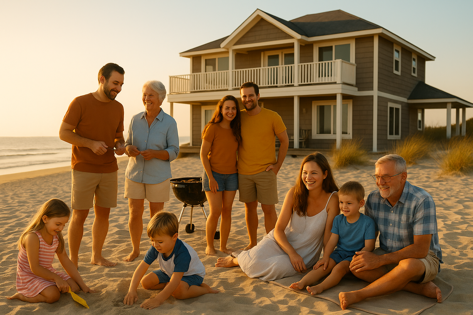 A large multi-generational family enjoying a beach vacation at sunset, with children playing in the sand, adults chatting and