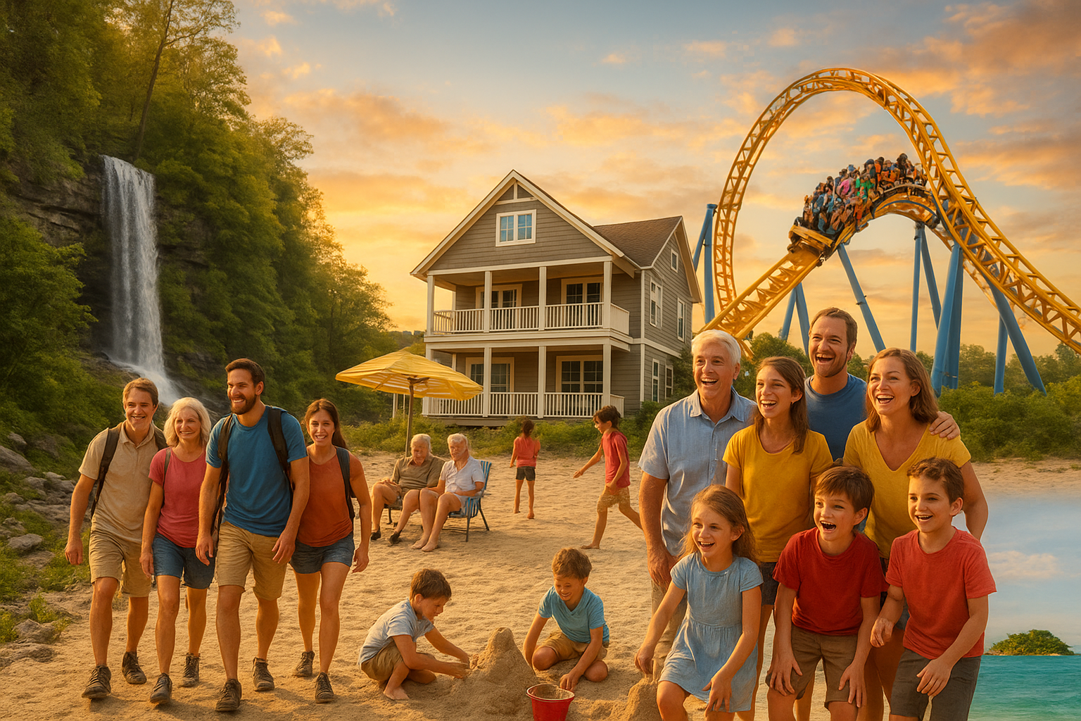 collage of big family vacation destinations showing a multigenerational family hiking by a waterfall, kids building sandcastl