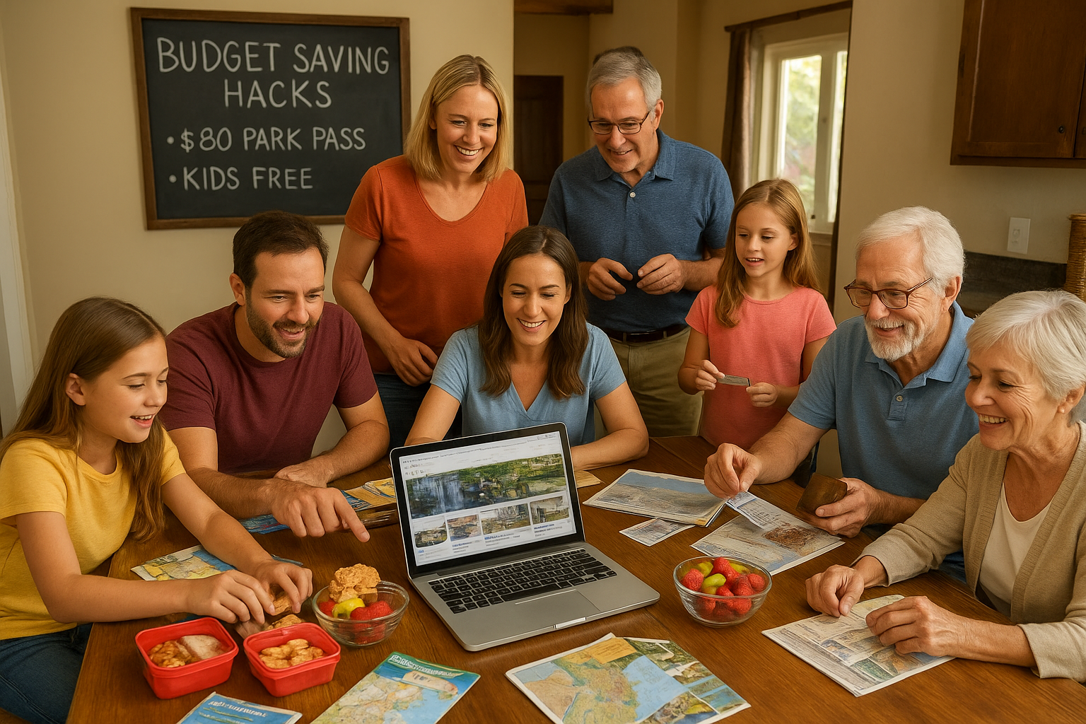 A large multi-generational family gathered around a kitchen table in a vacation rental, using a laptop, maps, and brochures t