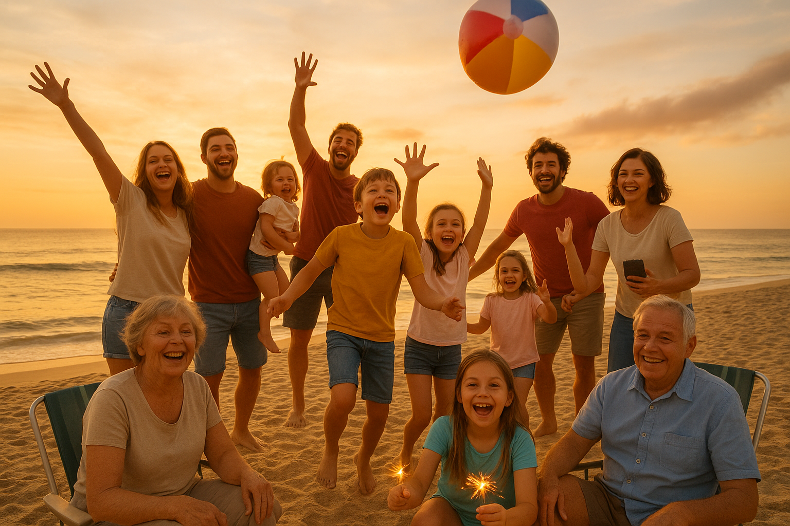 A large multi-generational family celebrating together on the beach at sunset, with kids holding sparklers, adults tossing a 