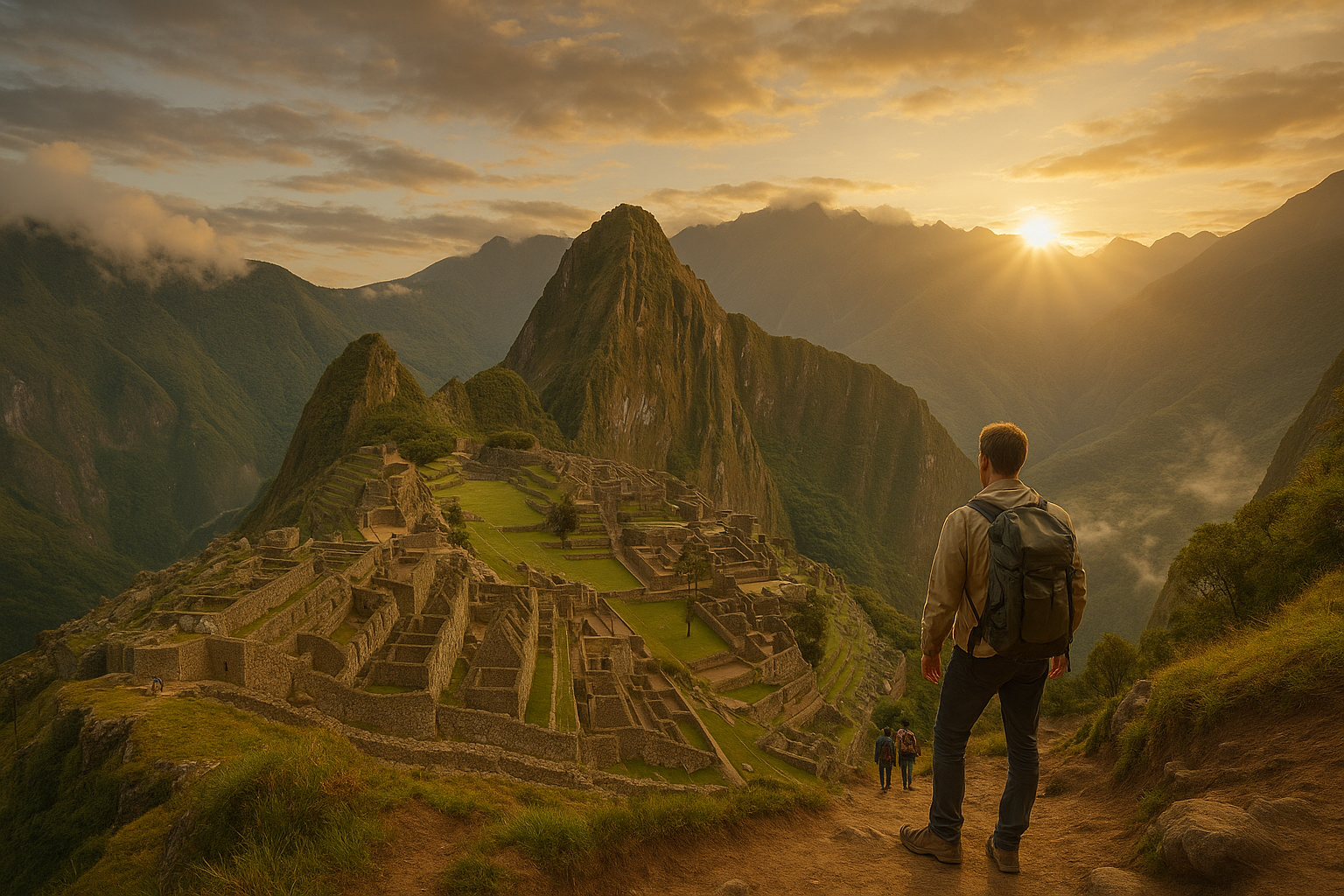 Backpackers overlooking Machu Picchu at sunrise, with misty Andes mountains and terraced ruins glowing in golden morning ligh