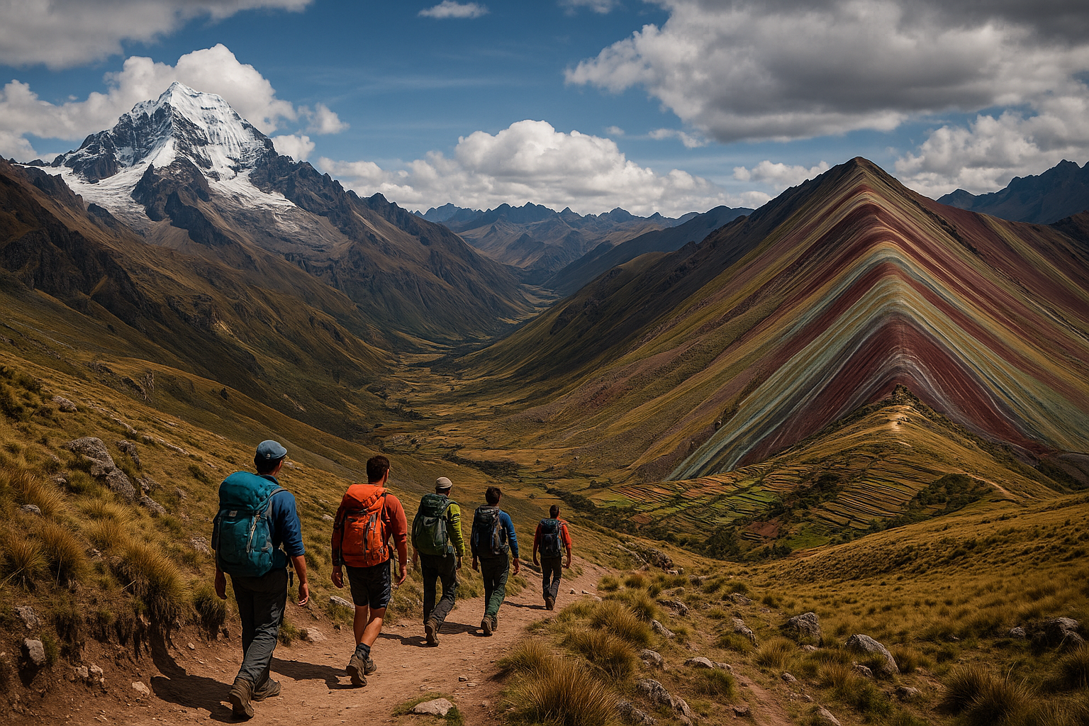 Backpackers hiking along a trail in the Peruvian Andes with Rainbow Mountain and a snow-capped peak in the background under d