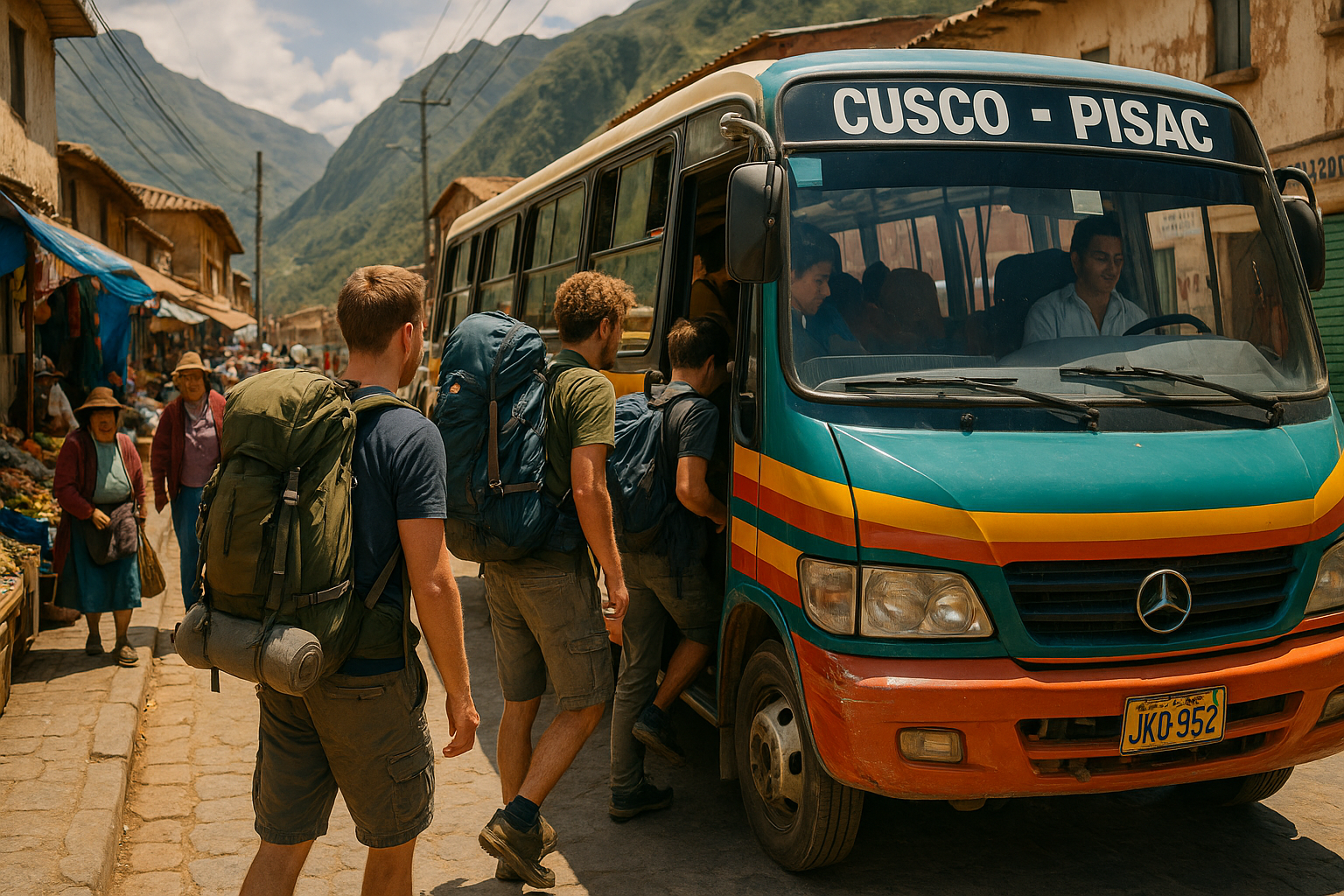 Backpackers boarding a colorful Cusco–Pisac colectivo bus in a small Andean town with local vendors and mountains in the back