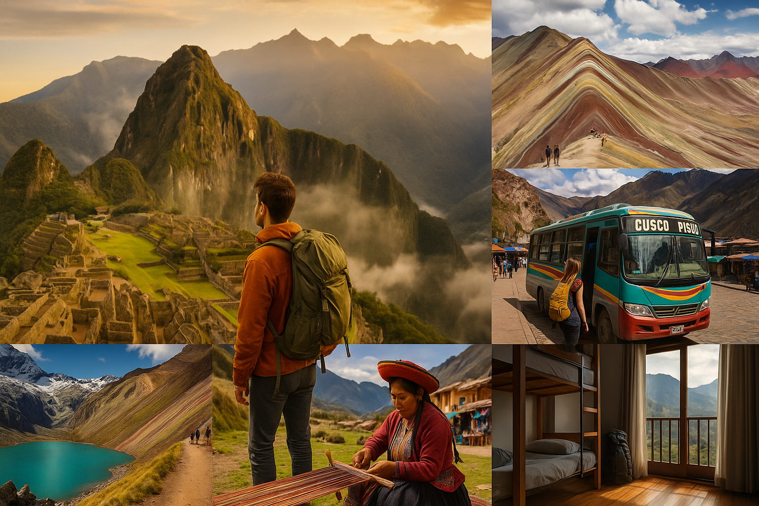 Collage of Peru travel scenes: a hiker at Machu Picchu, colorful Rainbow Mountain, a Cusco–Pisac bus, Laguna 69 lake, a woman