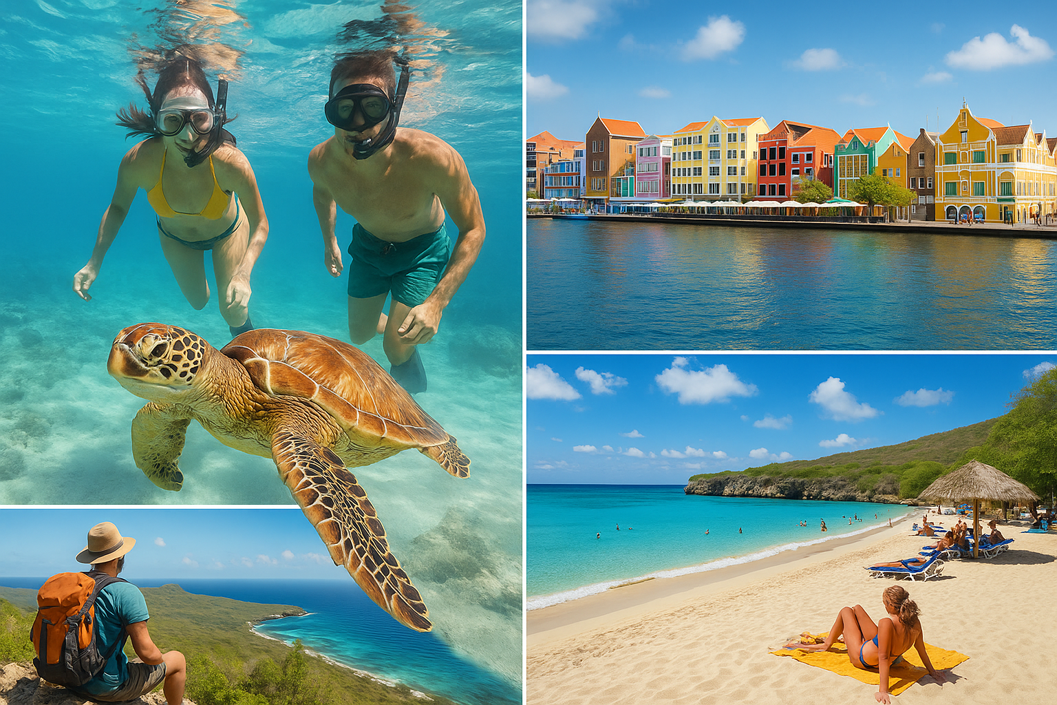 Collage showing top budget-friendly things to do in Curaçao: snorkeling with a sea turtle, colorful Willemstad waterfront, re
