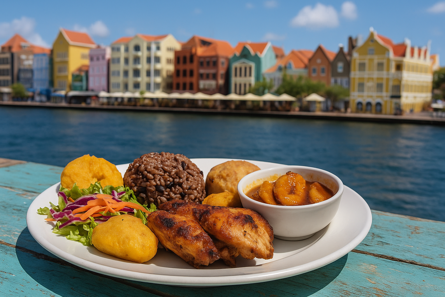 Traditional Caribbean meal with grilled chicken, plantains, rice and beans, and salad served on a plate beside turquoise wate