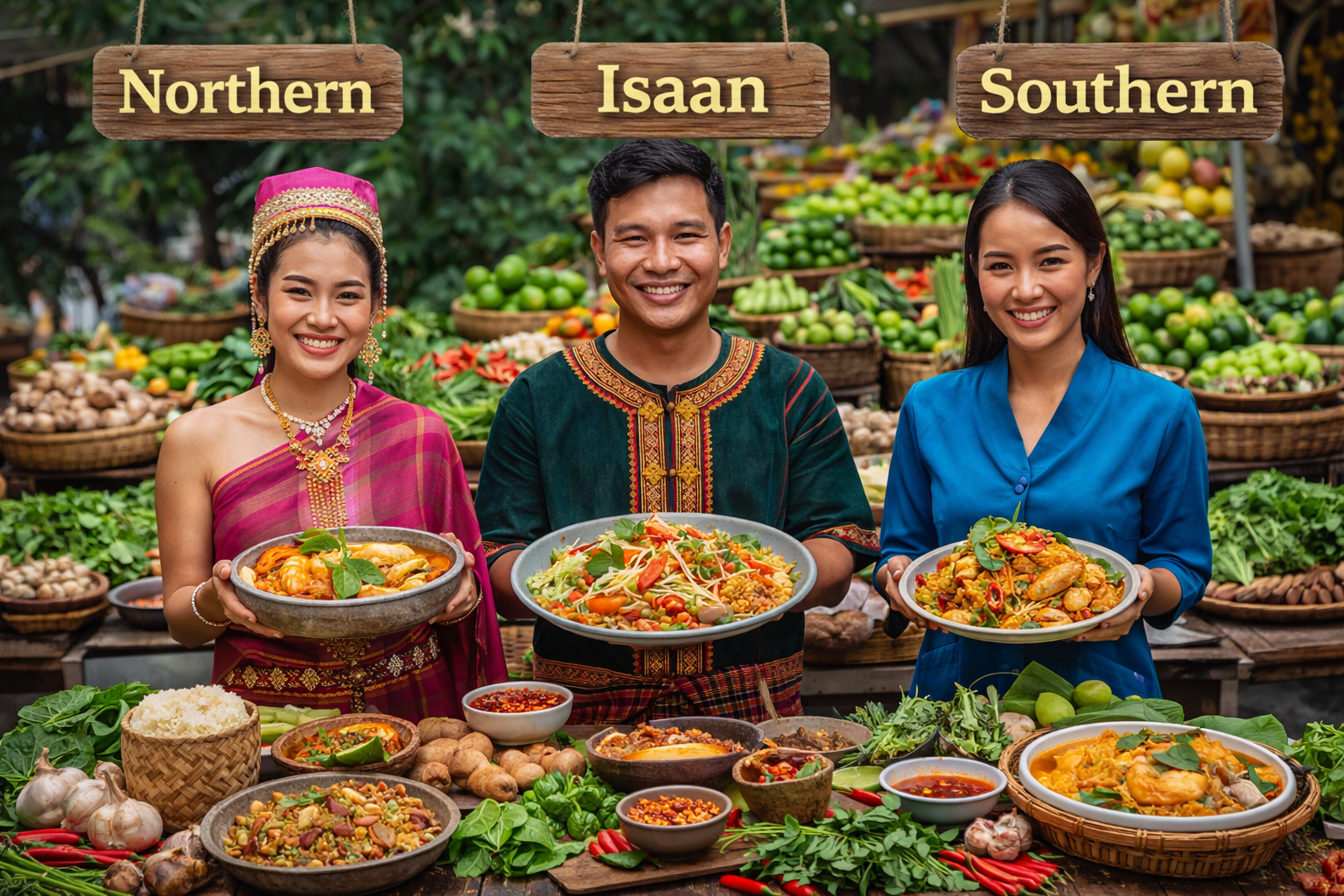 Thai family sharing dishes at an outdoor table, using wai gesture before eating, with spoon-and-fork place settings.