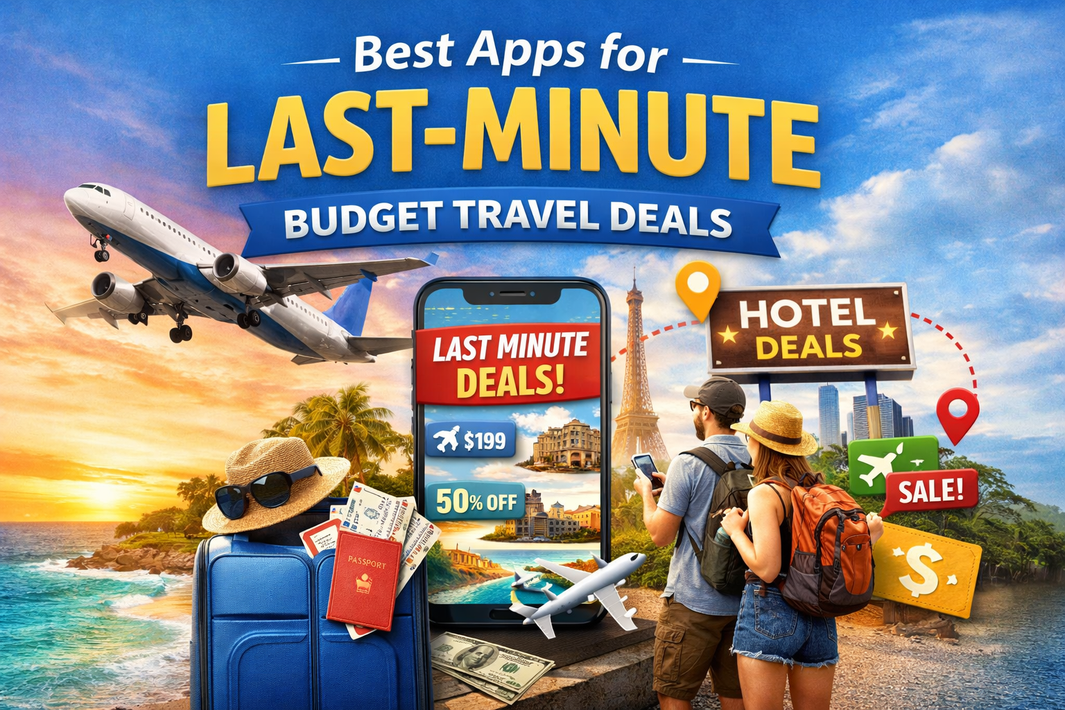 Smartphone showing last-minute flight and hotel deals with a beach, airplane, and backpackers, representing top travel apps.