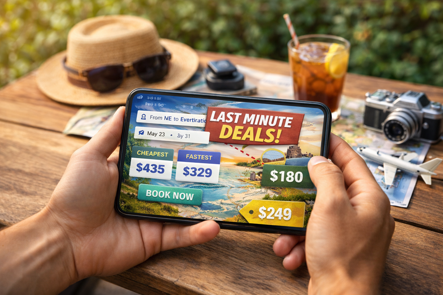 Hands holding a smartphone showing “Last Minute Deals” flight prices