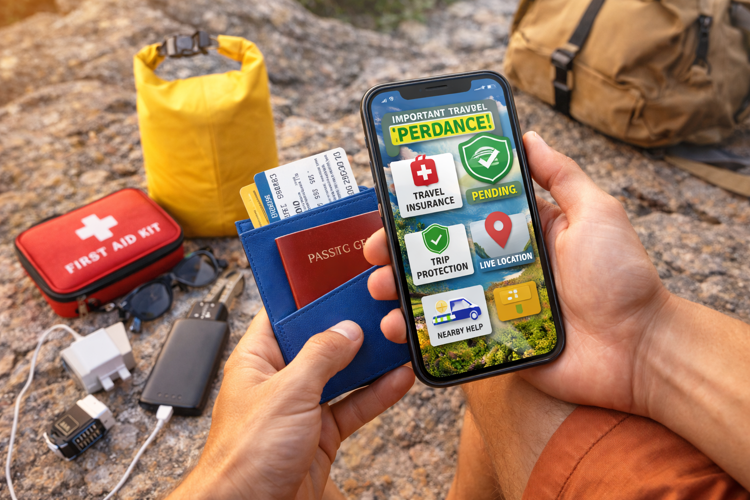 Traveler holding phone with travel insurance app and passport wallet, surrounded by first aid kit power bank and essentials.