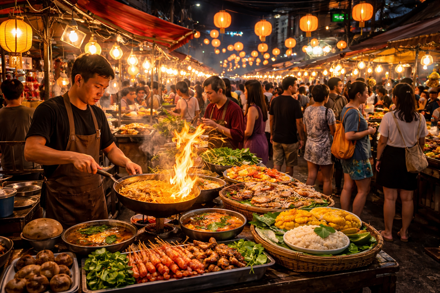 Bangkok night food festival with lanterns, crowds, and a vendor cooking pad thai over an open flame.