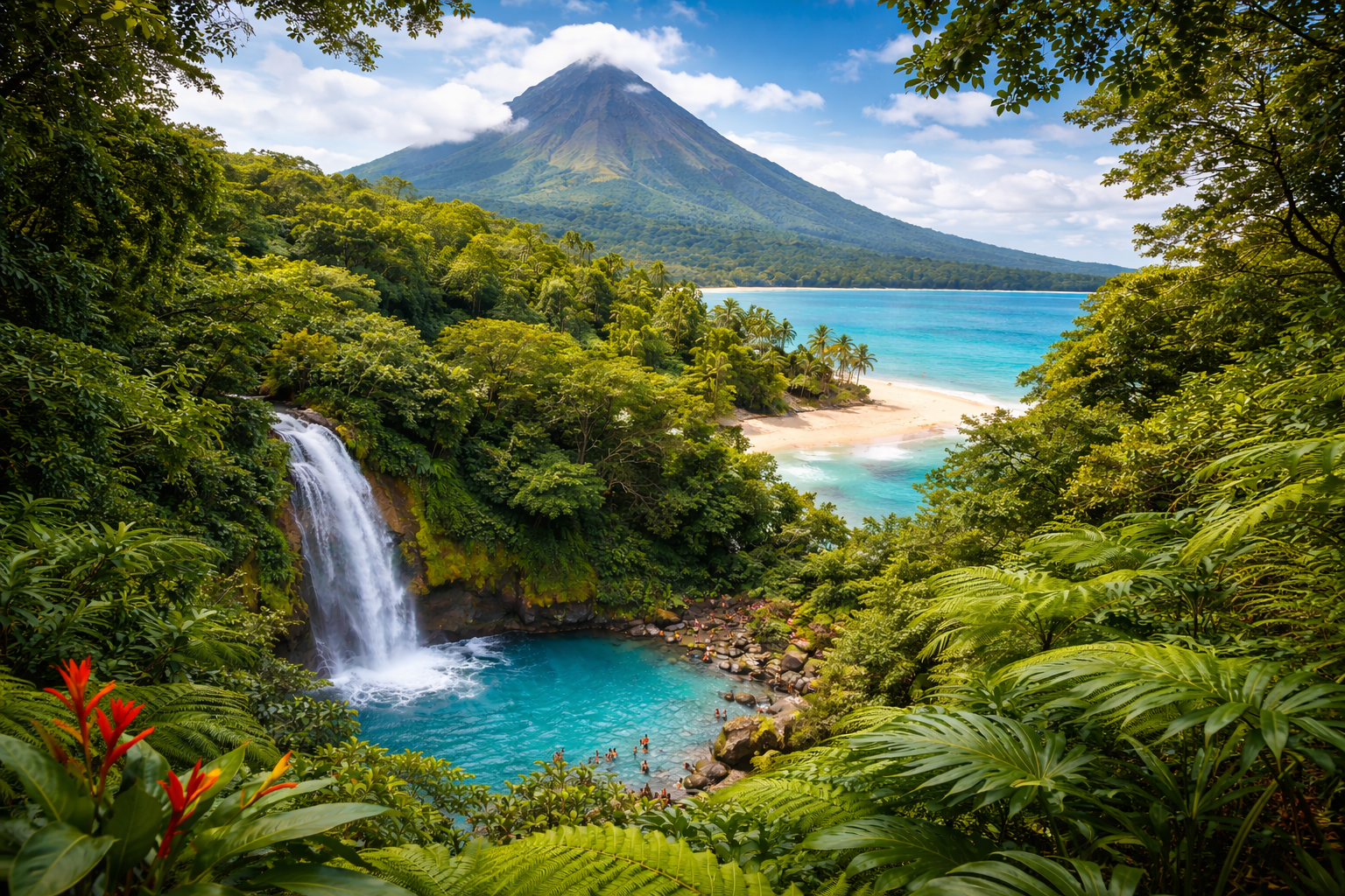 Turquoise waterfall, lush Costa Rican rainforest, Arenal Volcano backdrop, and palm-lined beach under a bright blue sky.