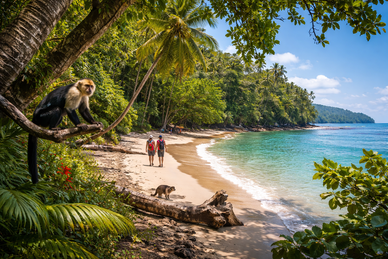 Hikers walk a quiet beach trail in Cahuita National Park, with a capuchin monkey in the trees and turquoise Caribbean water.