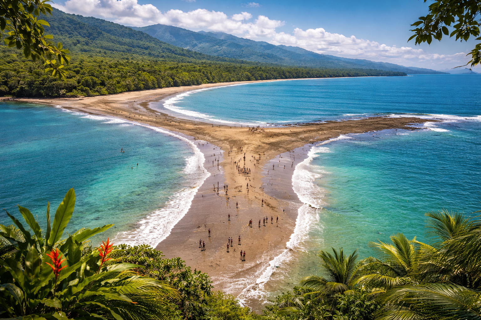Aerial view of Marino Ballena’s Whale Tail sandbar at low tide, with turquoise water, jungle coastline, and mountains behind.