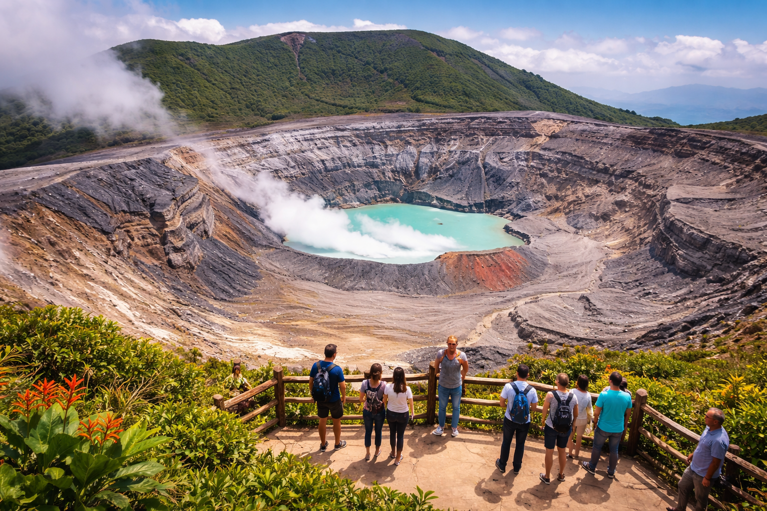 Visitors on an overlook at Poás Volcano National Park, viewing the steaming crater and turquoise acid lake on a clear day.