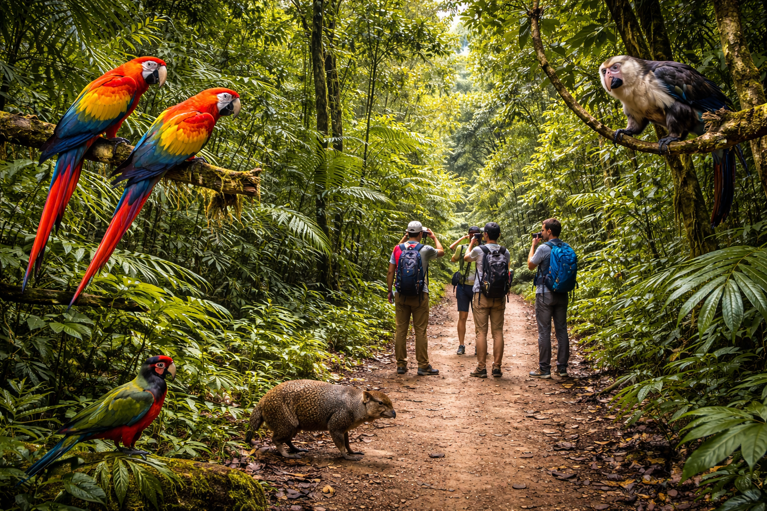 Hikers on a trail in Carara National Park as scarlet macaws and a capuchin monkey appear in the rainforest canopy.