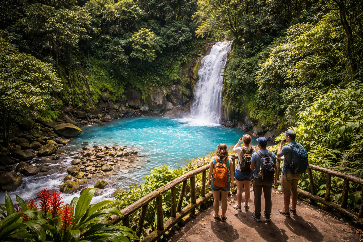 Hikers view Río Celeste waterfall in Tenorio Volcano National Park, with bright blue water, jungle foliage, and misty falls.