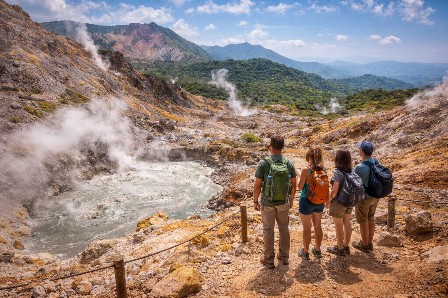 Hikers overlook steaming vents and bubbling mud pools in Rincón de la Vieja, with rugged volcanic terrain and mountains.