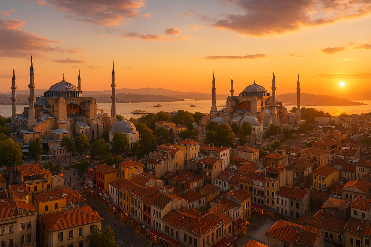 Istanbul at sunset from an elevated viewpoint, featuring the Blue Mosque and Hagia Sophia in golden light, with ferry boats o