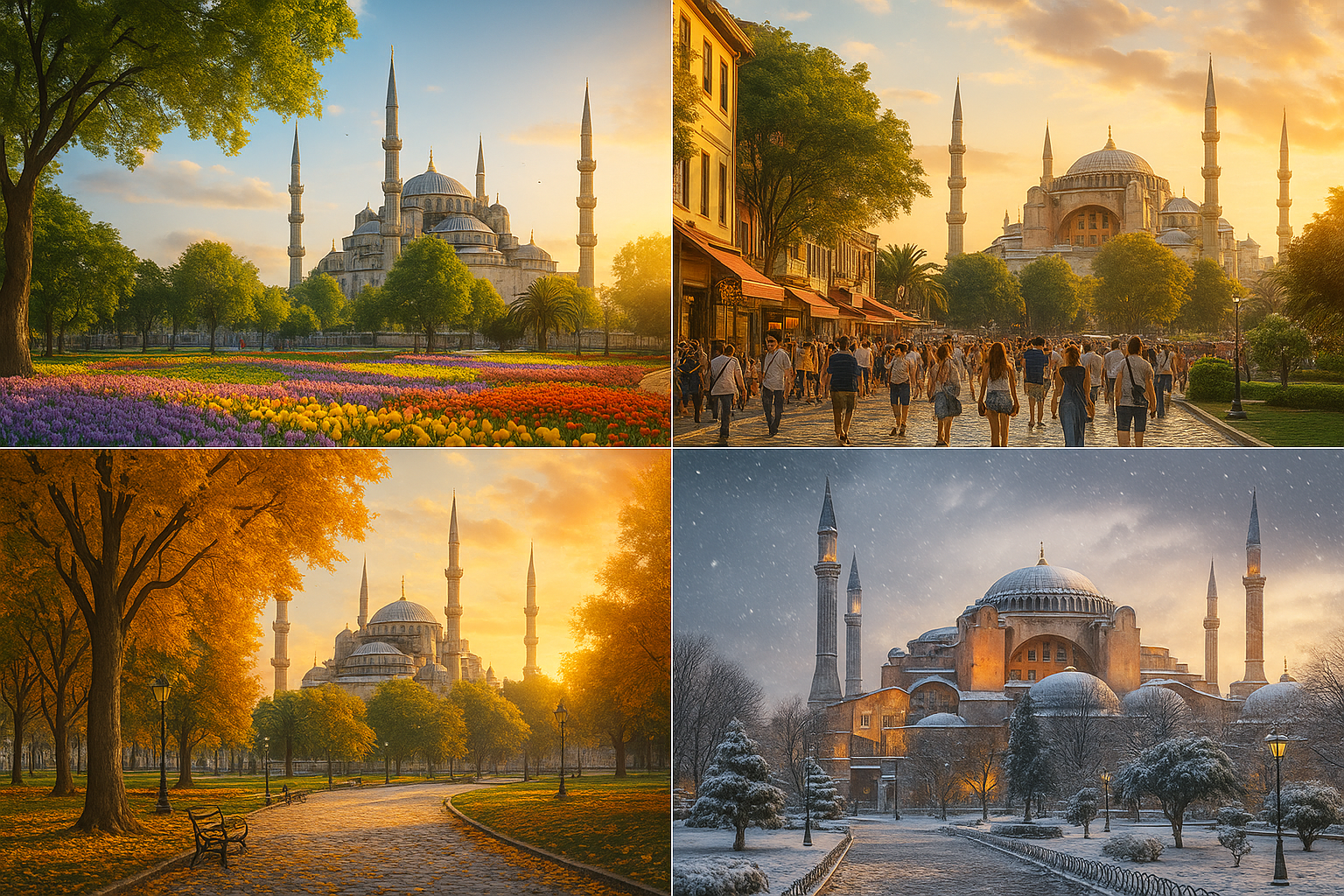 A collage of four seasonal views of Istanbul, showing the Blue Mosque in spring with blooming tulips, vibrant summer crowds i