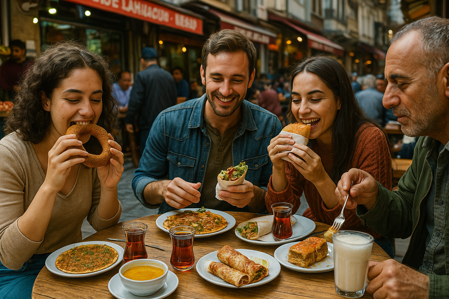 Four people enjoying traditional Turkish street food at an outdoor table in Istanbul, featuring dishes like simit, lahmacun, 
