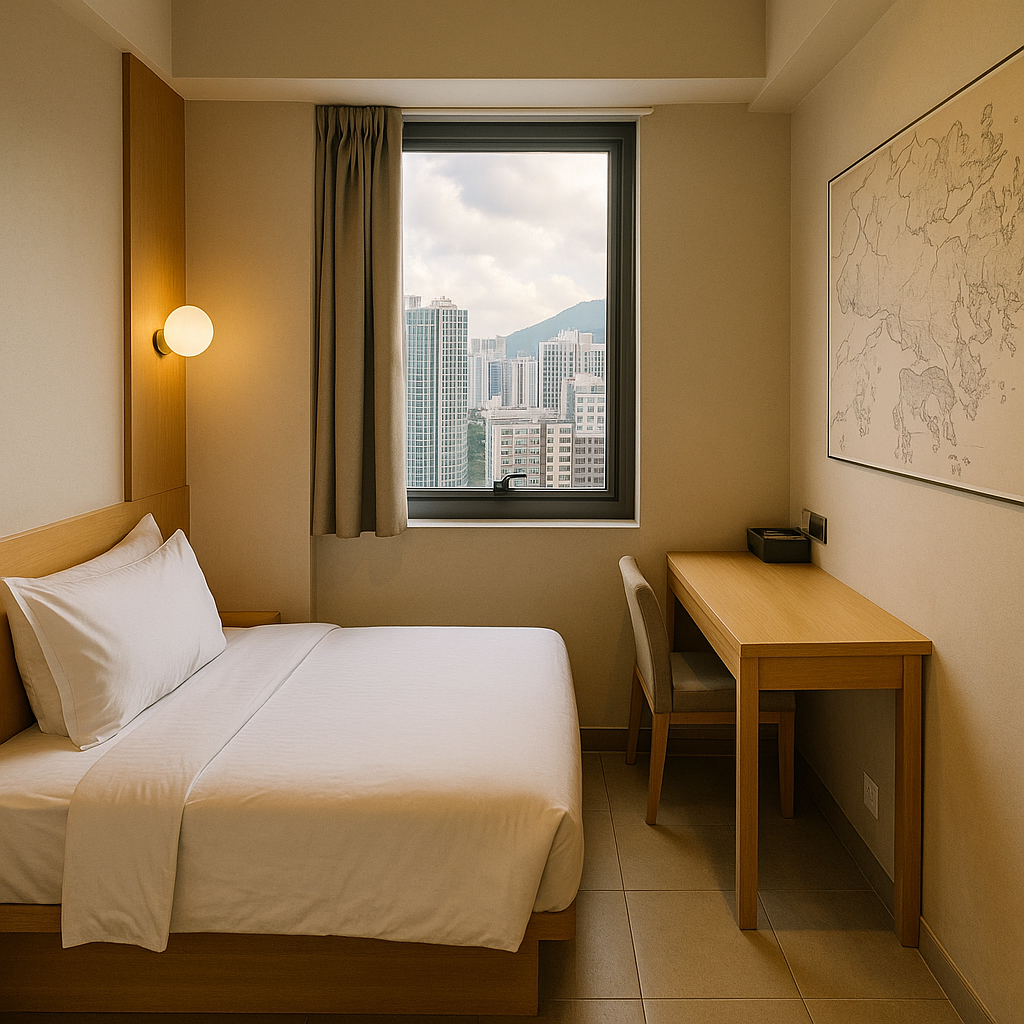 Compact budget hotel room in Hong Kong with a double bed, wooden desk, city view through the window, and a map of Hong Kong o