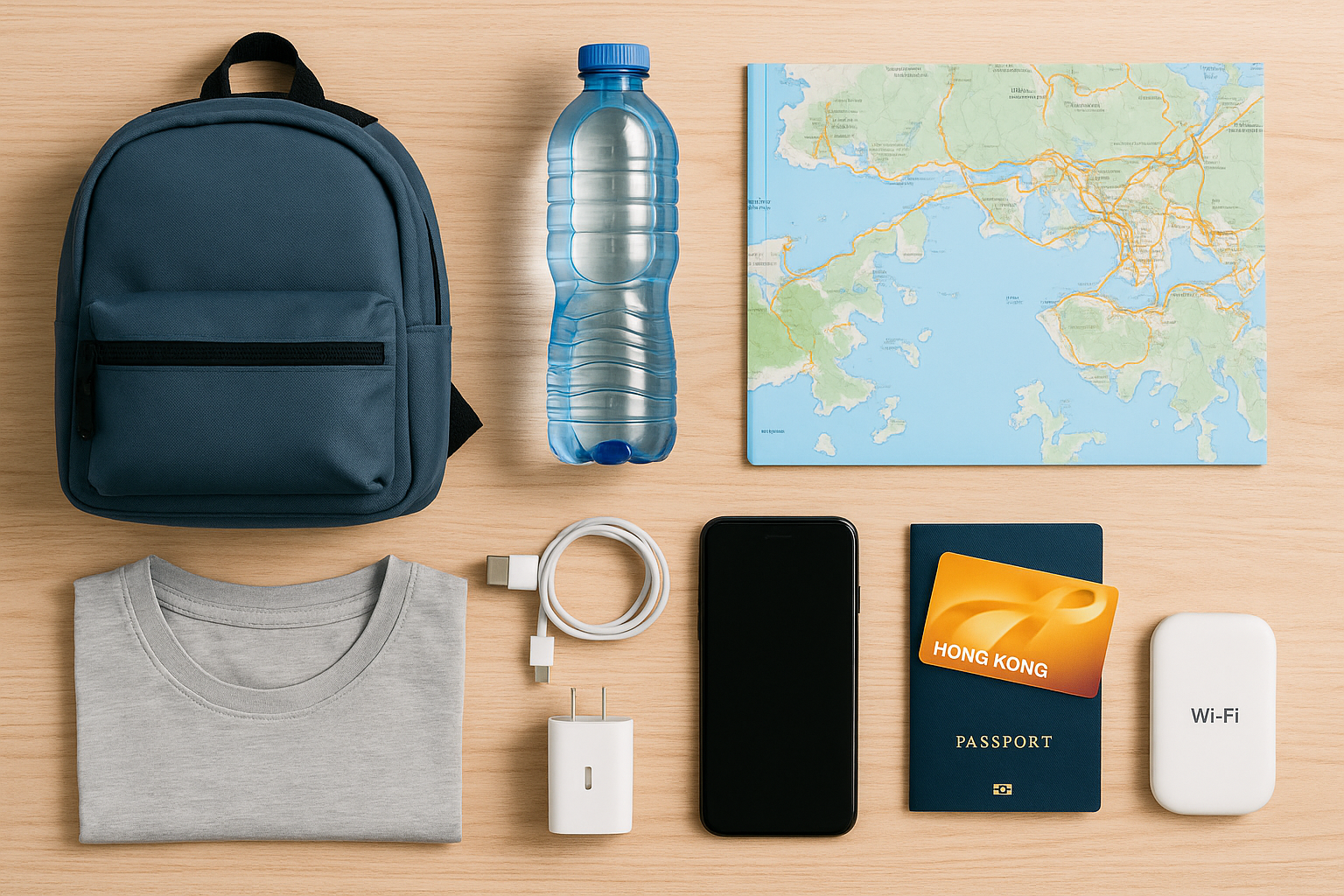 Flat lay of essential items for budget travel in Hong Kong, including a backpack, folded t-shirt, water bottle, Hong Kong map