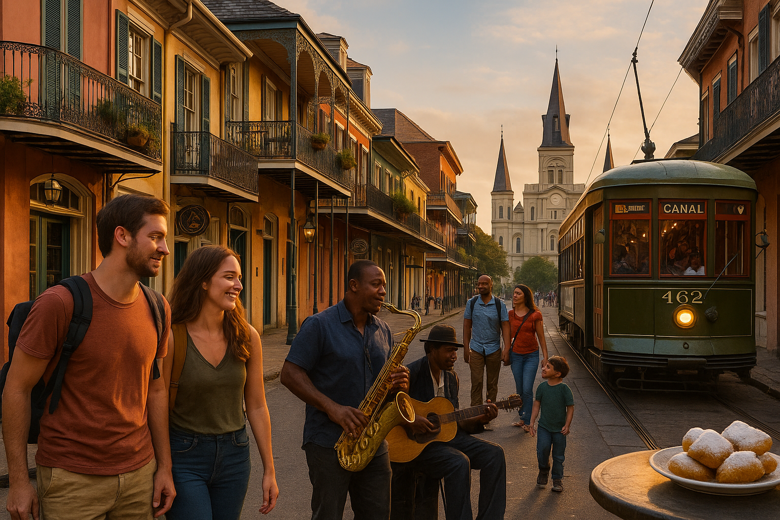 A lively street scene in New Orleans at sunset featuring a couple walking past jazz musicians playing saxophone and guitar, a