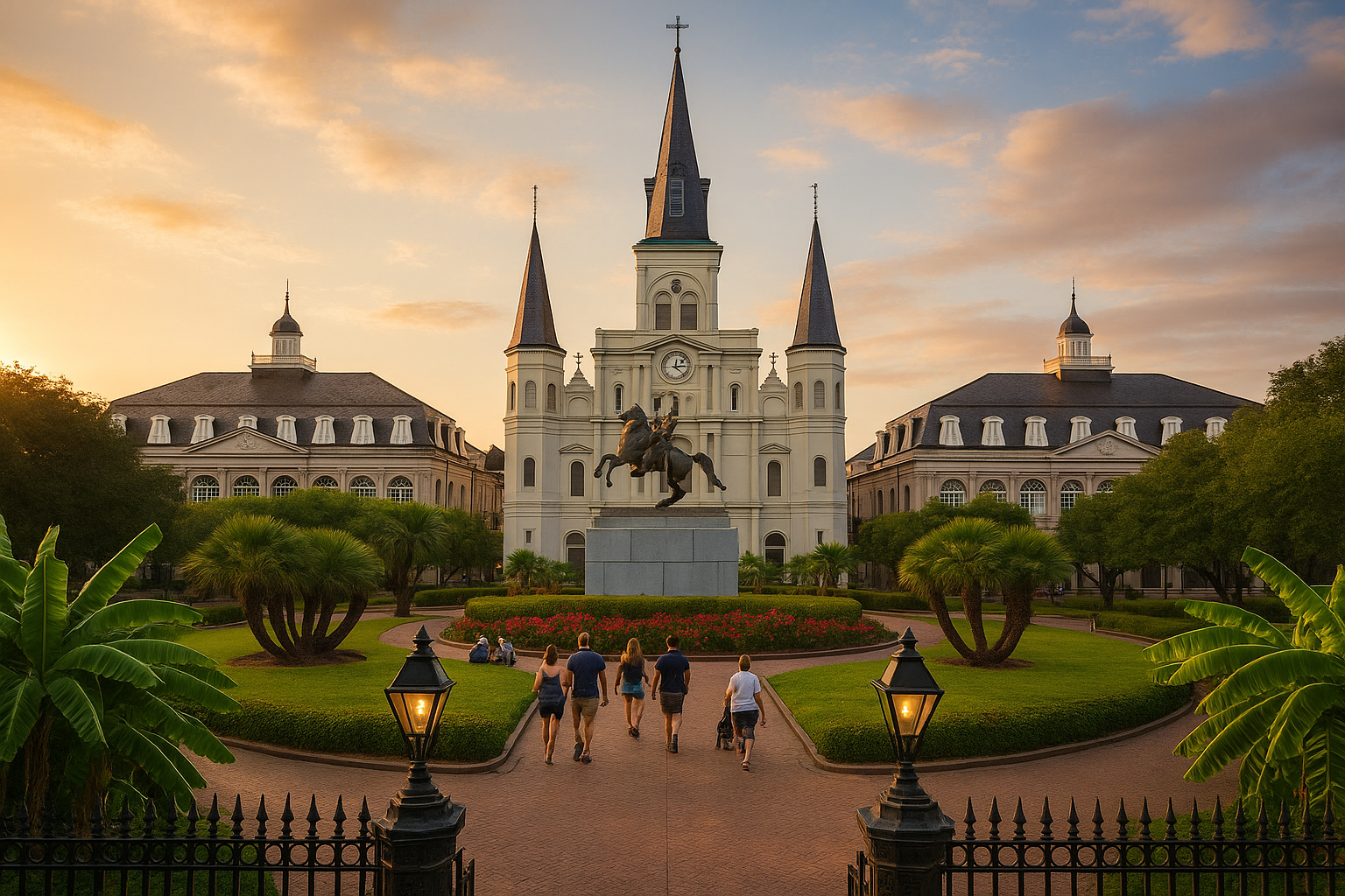 Jackson Square at sunset with St. Louis Cathedral, palm trees, and visitors walking along brick paths.