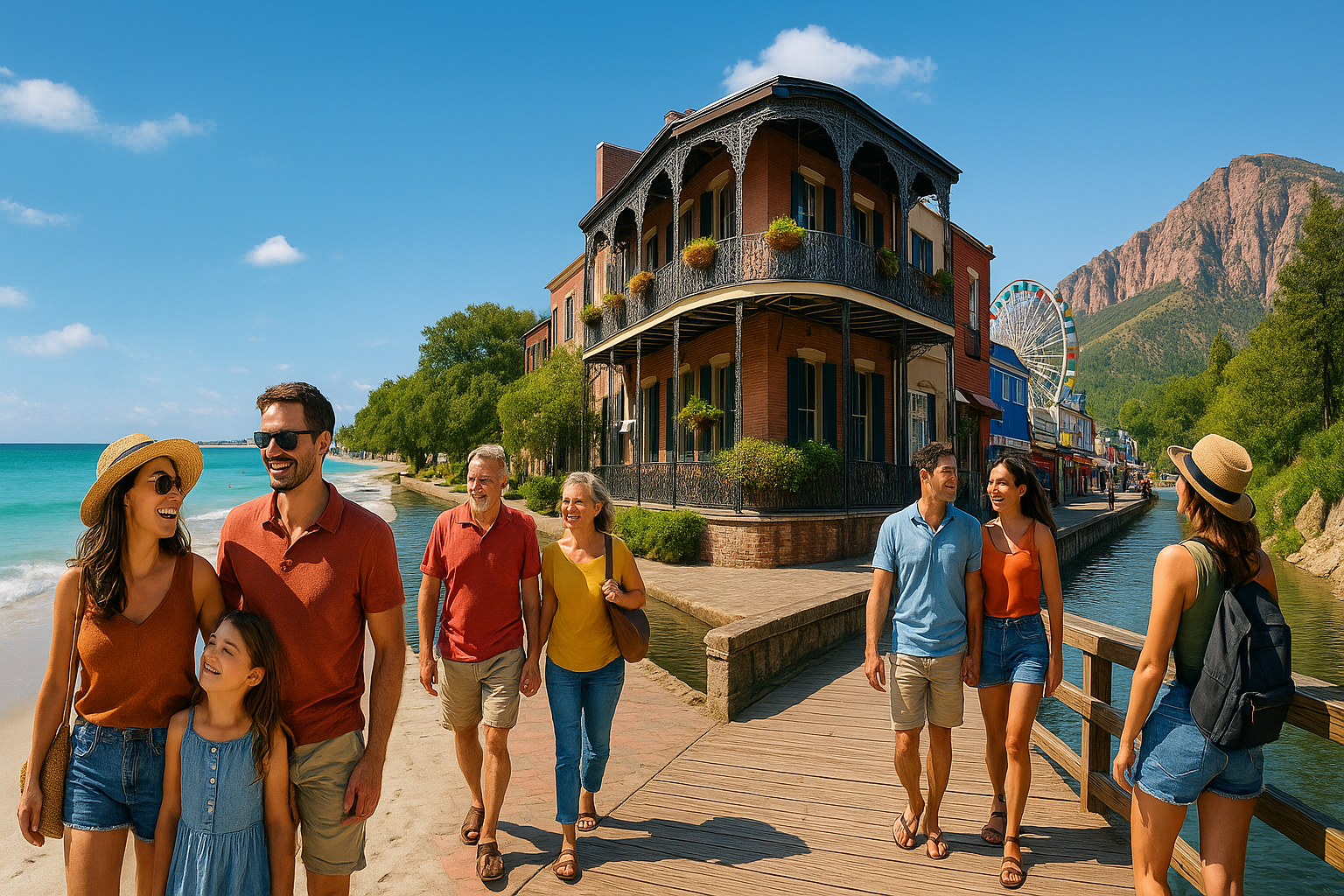U.S. vacation scenes featuring families and couples enjoying a sunny beach, a New Orleans-style riverfront, a lively boardwal