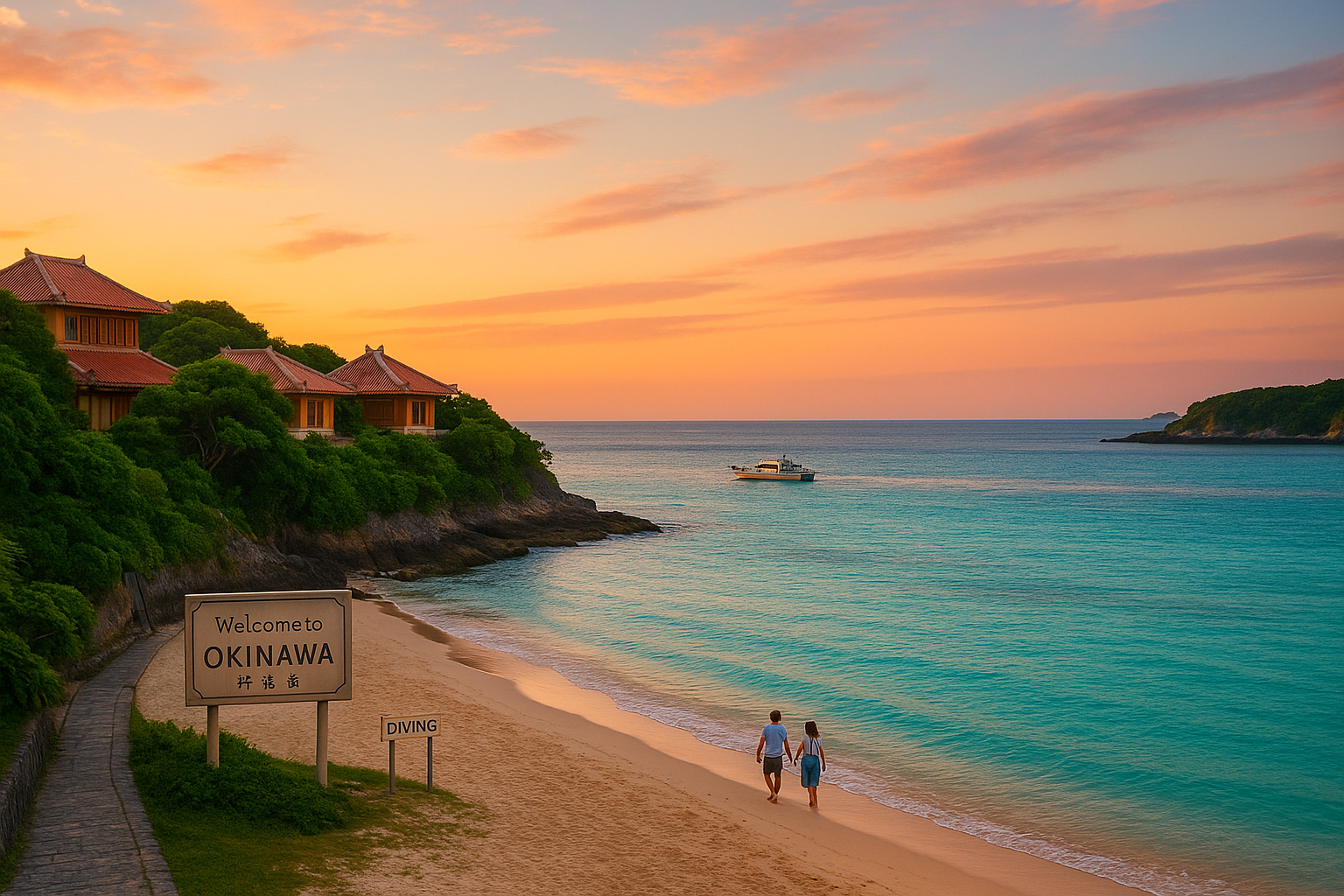 Okinawa beach at sunset with turquoise water, a couple walking on the sand, traditional Ryukyuan houses on a cliff, and a div