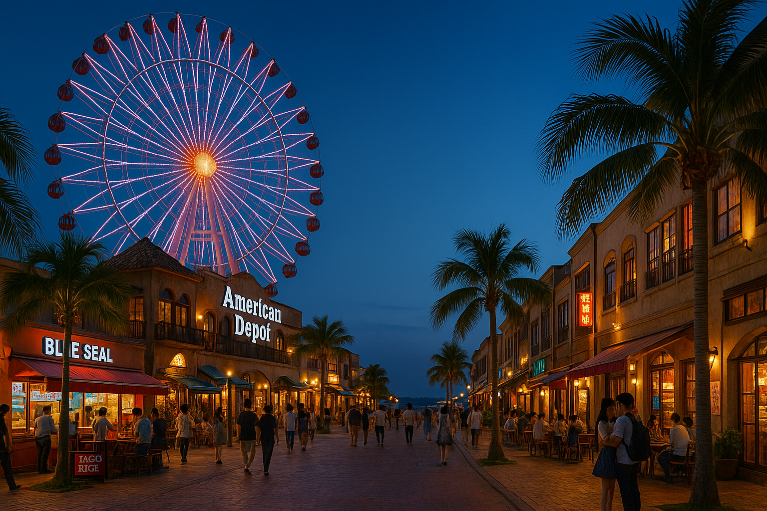Mihama American Village in Okinawa, featuring the iconic illuminated Ferris wheel, palm-lined pedestrian street, and lively c
