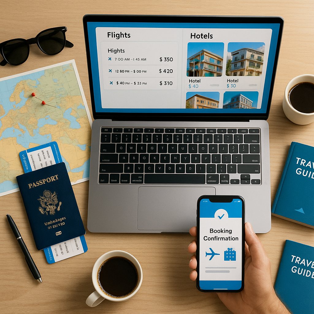 Flat-lay image of a travel planning setup with a laptop showing flight and hotel booking options, a smartphone displaying boo