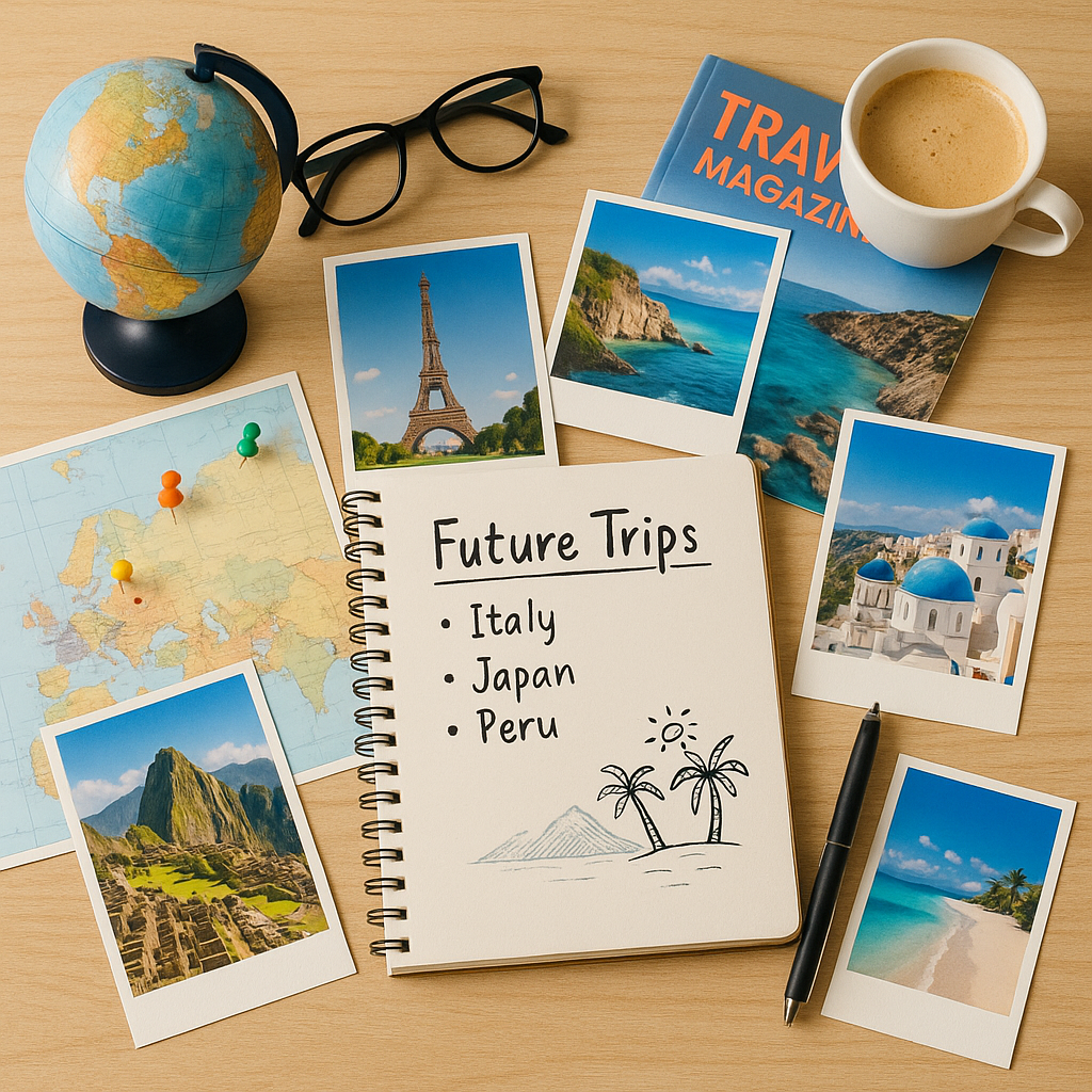 Flat-lay image of a travel planning scene with scattered postcards, a globe, a notebook titled “Future Trips,” a world map, a