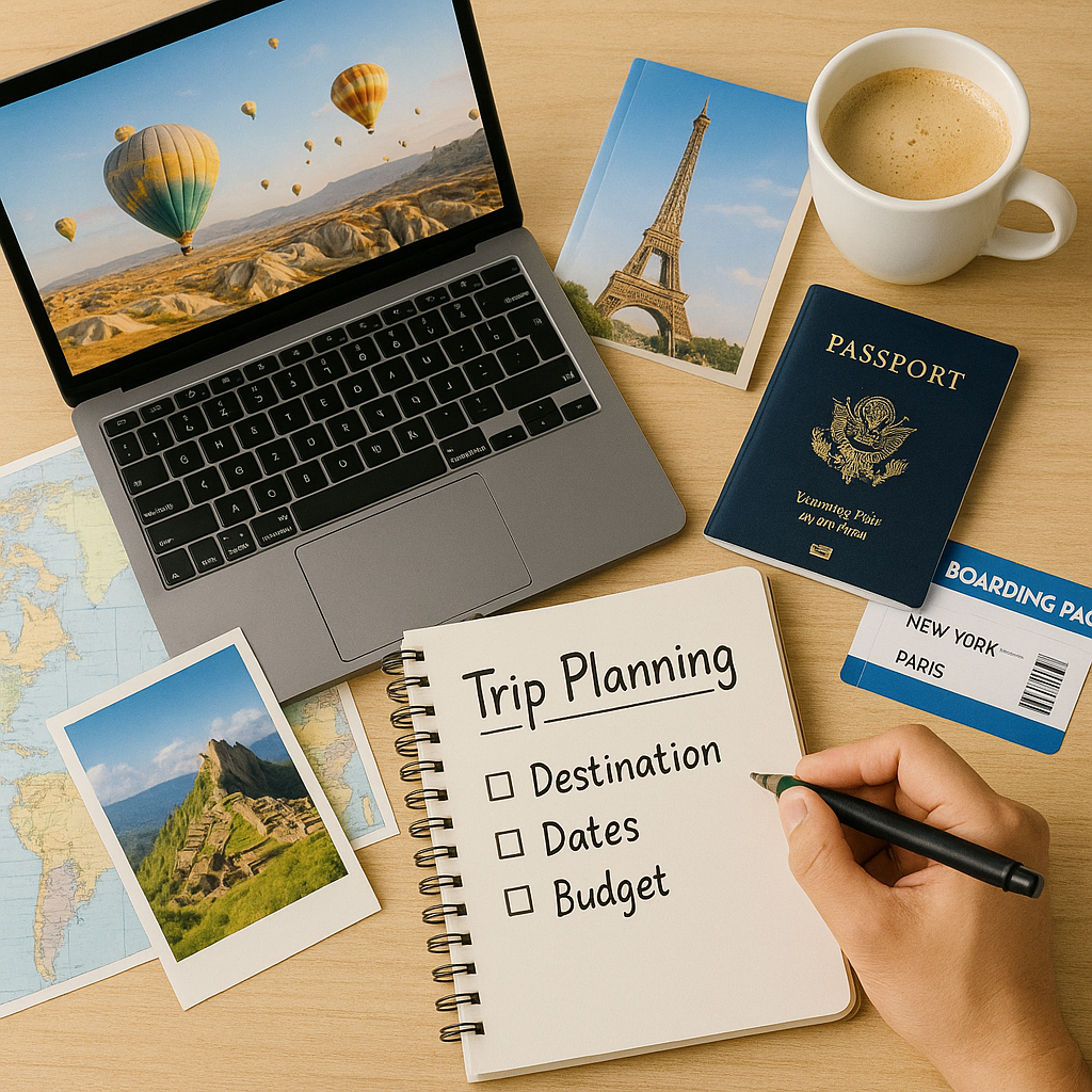 Flat-lay image of a travel planning scene with a notebook labeled “Trip Planning” listing destination, dates, and budget, a h