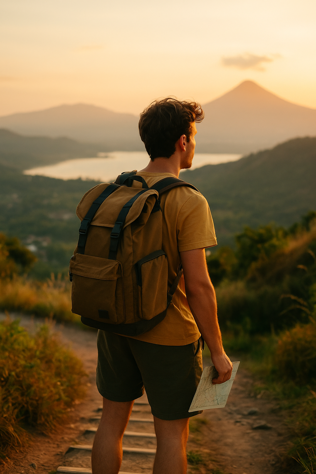 Young male backpacker standing on a scenic hilltop trail at sunset, holding a map and looking toward distant mountains and a