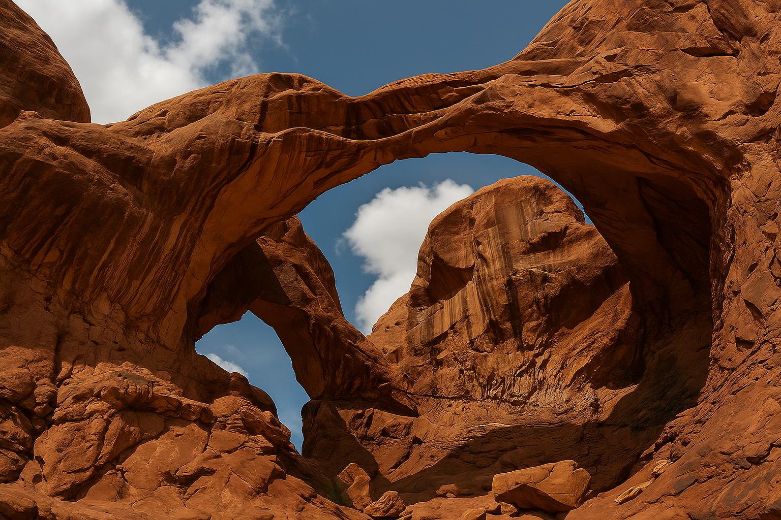 Low-angle view of Double Arch in Arches National Park, showcasing two massive red rock arches against a bright blue sky with 