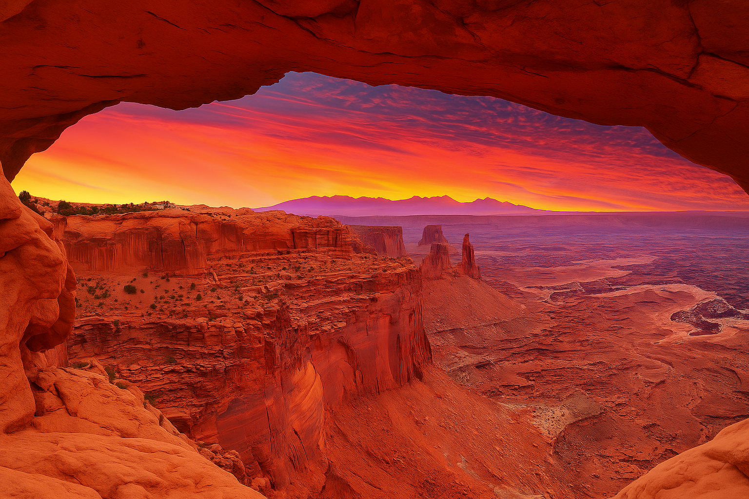 Sunrise view through Mesa Arch in Canyonlands National Park, with glowing red rock cliffs, spires, and a vivid orange and pur