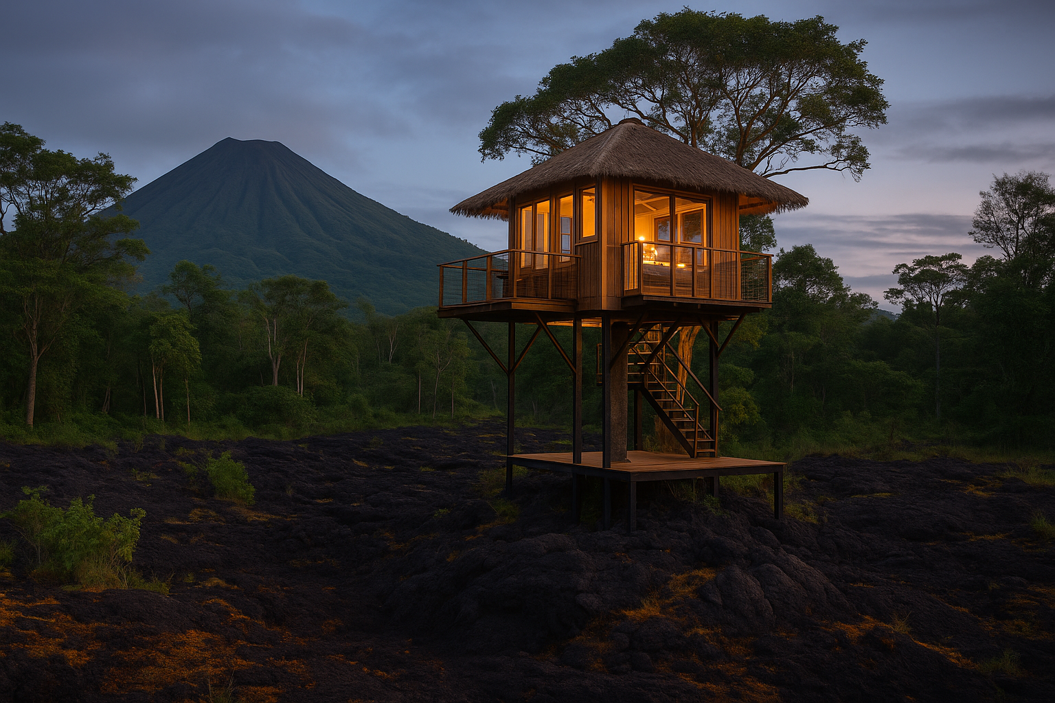 Twilight view of a treehouse built above a lava rock field near an active Hawaiian volcano, surrounded by lush rainforest and