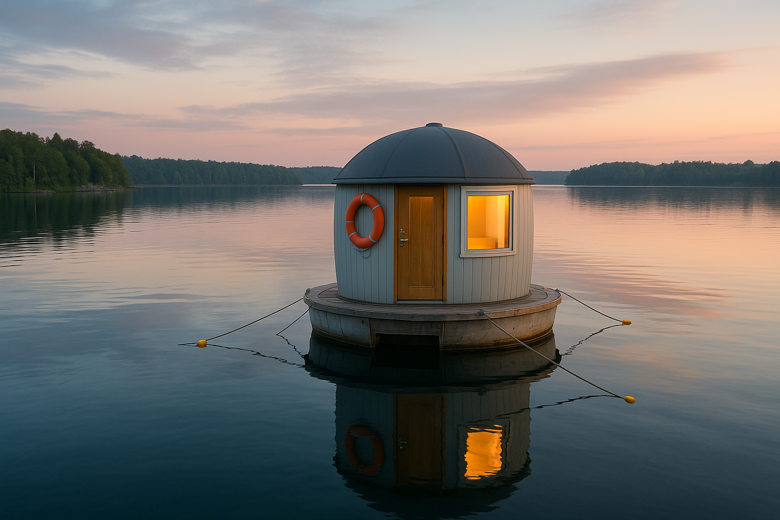A circular floating sleep pod anchored on a calm lake in Sweden at sunrise, surrounded by mist and still water, offering a pe